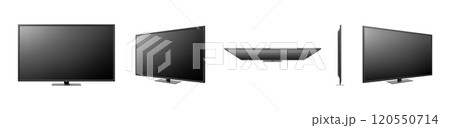 LCD TV screen isolated on white background. Black television panel. Realistic 3D blank LED smart hdtv display with mat texture surface. Top, Front, Side view of monitor. Tv mockup model. Vector 120550714