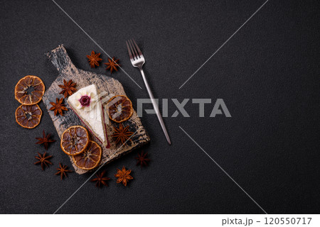 Sweet delicious cake with a layer of raspberry jam 120550717