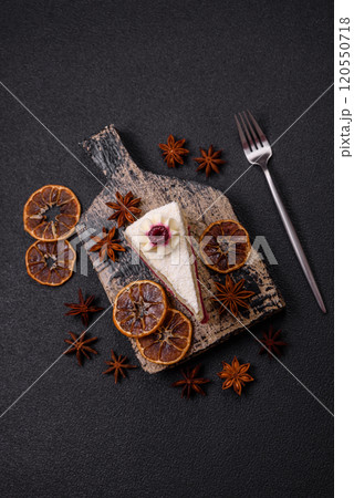 Sweet delicious cake with a layer of raspberry jam 120550718