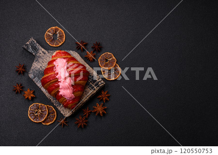 Crispy fresh red croissant with cream and strawberries Crispy fresh red croissant with cream and strawberries 120550753