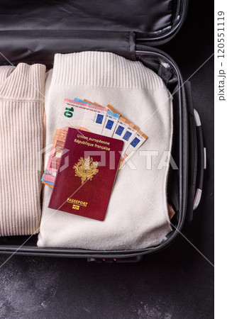 International passport of a French citizen on a suitcase International passport of a French citizen on a suitcase 120551119