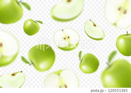 Flying colorful apples. Advertising background falling green apples realistic with blurred effect. 3d vector 120551365