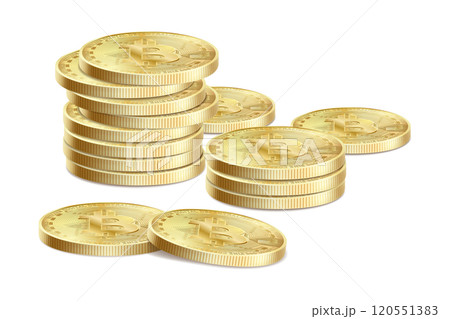 Golden bitcoin background. Bitcoin Icon for cryptocurrency, virtual currency, digital money, e cash. Bitcoin symbol for fintech network banking and blockchain. Realistic Vector 3d illustration 120551383