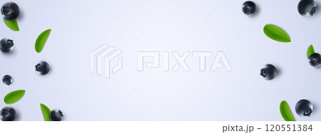 Blueberry background. Fresh berry with green leaves on transparent background. Flying defocusing blueberry berries. 3D realistic fruits. Falling blueberry. Nature product. Vector illustration. 120551384