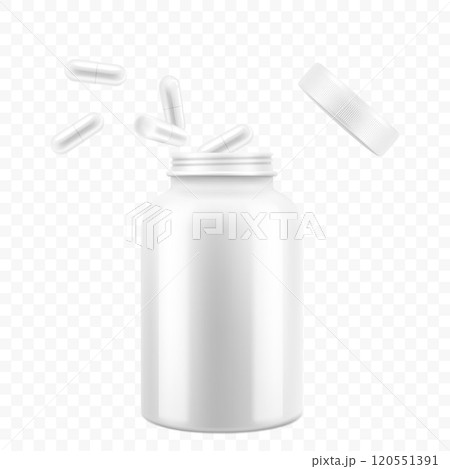 Opened medical pill bottle with falling pills, realistic 3d vector object with place for text. Mock Up Template of medicine package for pills, capsule, drugs, isolated on white background Opened medical pill bottle with falling pills, realistic 3d vector object with place for text. Mock Up Template of medicine package for pills, capsule, drugs, isolated on white background 120551391