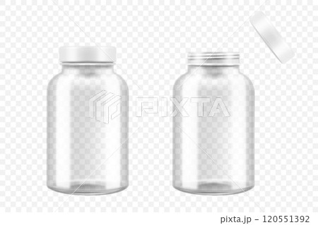 Open and closed glass medical pill bottle, 3d realistic vector illustration. Mock Up Template set of drugs for pills, capsules, medicines isolated on white background Open and closed glass medical pill bottle, 3d realistic vector illustration. Mock Up Template set of drugs for pills, capsules, medicines isolated on white background 120551392