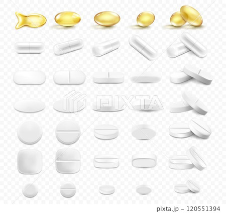 Medical pills and capsules set, isolated on a transparent background. Realistic 3d vector icons. Vitamins and antibiotics capsule, shiny golden yellow fish oil tablets. Pharmaceutical painkiller 120551394