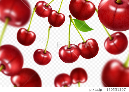 Flying red cherry background. Realistic 3d quality vector. Collection set of Cherries isolated on a white background Flying red cherry background. Realistic 3d quality vector. Collection set of Cherries isolated on a white background 120551397