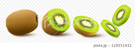 Kiwi fruit. Whole, half and pieces. Sweet fruit. 3d vector icons set. Realistic illustration, isolated on white background. 120551432