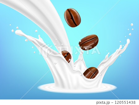 Milk splash with coffee beans lying on milk tongue. Coffee beans falling into milk splash. Realistic 3d vector illustration. Design element. Packaging. 120551438