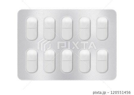 3d blister with pills for illness and pain treatment. Medical drug package for tablet: vitamin, antibiotic, aspirin. Realistic mock-up of packaging. Vector illustrations of pack isolated on background 3d blister with pills for illness and pain treatment. Medical drug package for tablet: vitamin, antibiotic, aspirin. Realistic mock-up of packaging. Vector illustrations of pack isolated on background 120551456