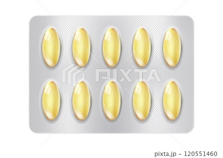 Realistic fish oil Omega 3 pills blister with capsules on white background. Mock-up of pills packaging medicines vitamins. Healthcare medical. 3d vector Realistic fish oil Omega 3 pills blister with capsules on white background. Mock-up of pills packaging medicines vitamins. Healthcare medical. 3d vector 120551460