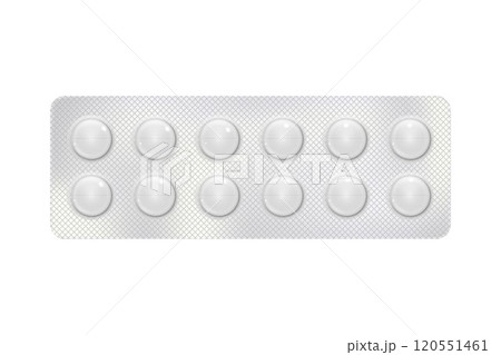 Round Pills in a blister pack for illness and pain treatment. Medical drug package for tablet: vitamin, antibiotic, aspirin. Realistic mock-up of packaging. 3d Vector illustration isolated on white Round Pills in a blister pack for illness and pain treatment. Medical drug package for tablet: vitamin, antibiotic, aspirin. Realistic mock-up of packaging. 3d Vector illustration isolated on white 120551461