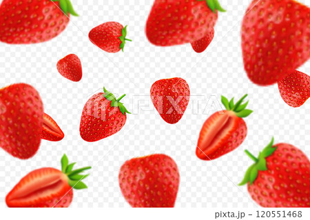 Falling juicy ripe strawberry with green leaves isolated on transparent background. Flying defocusing strawberry berries. Applicable for juice advertising. Vector 3d realistic illustration. 120551468