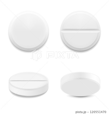 Realistic round pills and capsules mockup style. The concept of medicine and health, isolated on white background. 3d vector illustration. Can be used for medical and cosmetic. 120551470