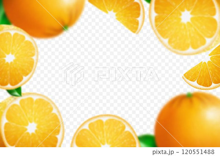 Falling juicy oranges with green leaves isolated on transparent background. Flying defocusing slices of oranges. Applicable for fruit juice advertising. Realistic 3d Vector illustration. Falling juicy oranges with green leaves isolated on transparent background. Flying defocusing slices of oranges. Applicable for fruit juice advertising. Realistic 3d Vector illustration. 120551488