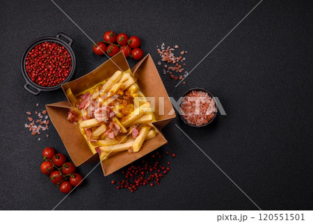 Crispy French fries with pieces of bacon, salt and spices 120551501