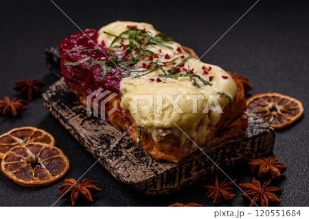 Delicious sweet brioche sandwich with raspberry jam and ricotta cream Delicious sweet brioche sandwich with raspberry jam and ricotta cream 120551684