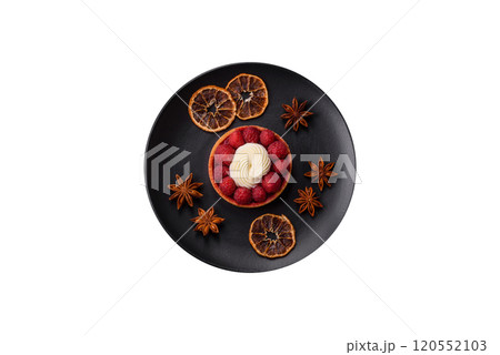 Sweet tartlet with raspberries and cream Sweet tartlet with raspberries and cream 120552103