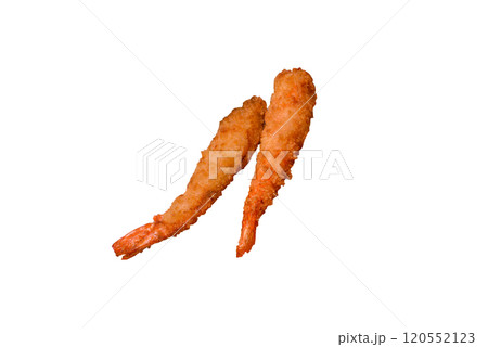 Hot crispy shrimp breaded with salt and spices with white sauce Hot crispy shrimp breaded with salt and spices with white sauce 120552123