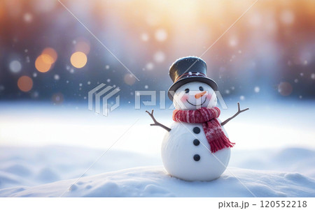 Christmas winter background, snowman and blurred bokeh background with copy space. Merry Christmas and happy new year greeting card concept 120552218