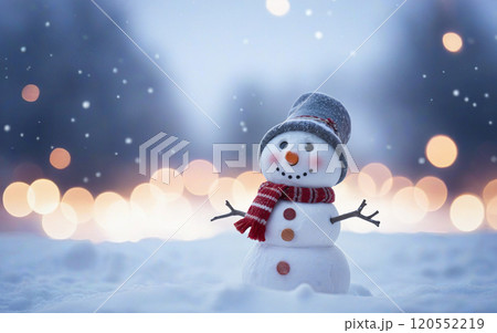 Christmas winter background, snowman and blurred bokeh background with copy space. Merry Christmas and happy new year greeting card concept 120552219
