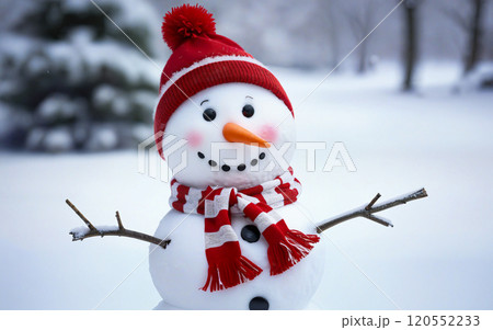 Christmas winter background, snowman and blurred bokeh background with copy space. Merry Christmas and happy new year greeting card concept 120552233