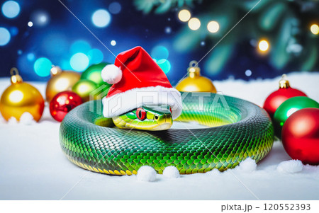 A green wooden snake in a Santa hat on a pile of Christmas decorations, bokeh background, 2025 concept, new year A green wooden snake in a Santa hat on a pile of Christmas decorations, bokeh background, 2025 concept, new year 120552393