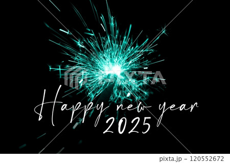 Happy new year 2025 turquoise sparkler new years eve countdown. Luxury entertainment celebration turn of the year party time. Premium nightlife visual with glowing light sparks on dark background. 120552672