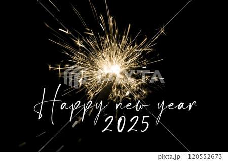 Happy new year 2025 yellow sparkler new years eve countdown. Luxury entertainment celebration turn of the year party time. Premium nightlife visual with glowing light sparks on dark background. Happy new year 2025 yellow sparkler new years eve countdown. Luxury entertainment celebration turn of the year party time. Premium nightlife visual with glowing light sparks on dark background. 120552673