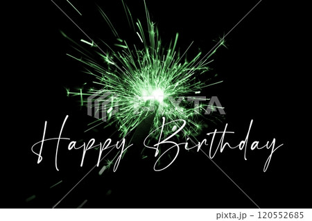 Stylish happy birthday green pyrotechnics sparkler magic. Entertainment celebration party time from january to december. Premium nightlife visual with glowing light sparks on dark background. 120552685