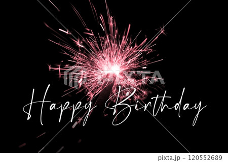Stylish happy birthday red pyrotechnics sparkler magic. Entertainment celebration party time from january to december. Premium nightlife visual with glowing light sparks on dark background. 120552689
