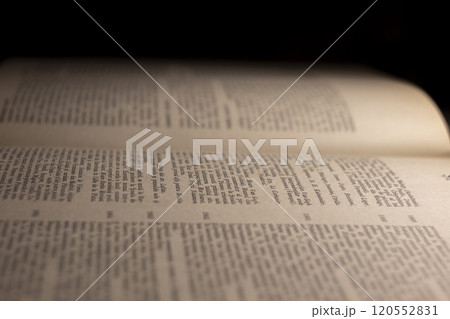 macro photography of a book page with text in Latin font 120552831