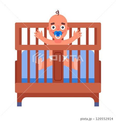 little child in wooden bed sitting sleeping 120552914