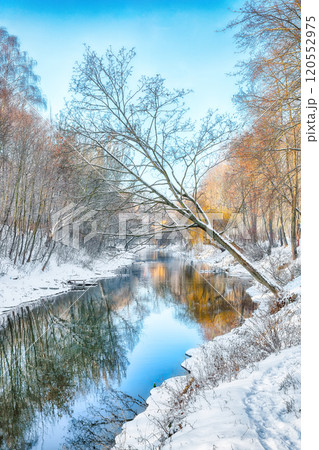 Breathtaking landscape in city park with snowy trees and beautiful frozen river. Breathtaking landscape in city park with snowy trees and beautiful frozen river. 120552975