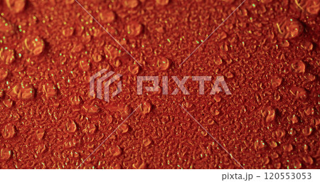 Moist surface. Orange drops. Fine dew flow formation on uneven opaque area. Moisture background with water irrigation rain effect process. Moist surface. Orange drops. Fine dew flow formation on uneven opaque area. Moisture background with water irrigation rain effect process. 120553053