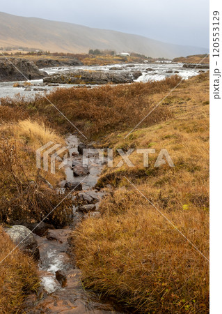 Waterfall and an autumn country, Laxa i Kjos, Iceland Waterfall and an autumn country, Laxa i Kjos, Iceland 120553129