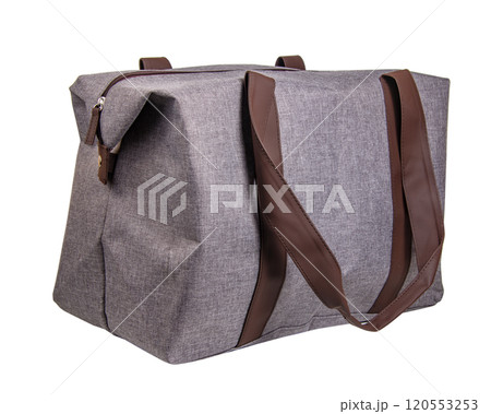 Grey textile travel bag isolated on the white background Grey textile travel bag isolated on the white background 120553253