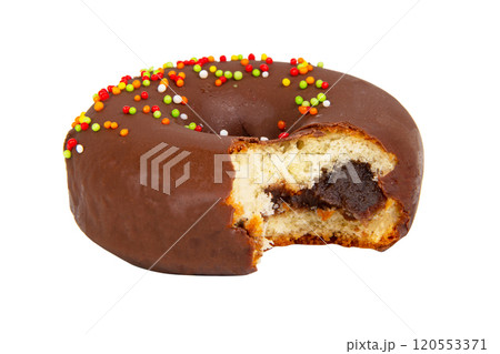 Chocolate glazed donut eaten isolated on the white background Chocolate glazed donut eaten isolated on the white background 120553371
