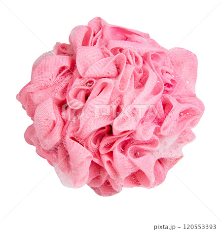 Pink shower sponge for bath isolated on the white background Pink shower sponge for bath isolated on the white background 120553393