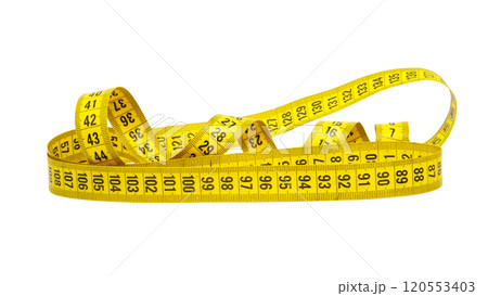 Spiral yellow tape measure isolated on the white background Spiral yellow tape measure isolated on the white background 120553403