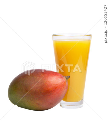 Tropical mango fruit and juice in glass isolated on the white background Tropical mango fruit and juice in glass isolated on the white background 120553427