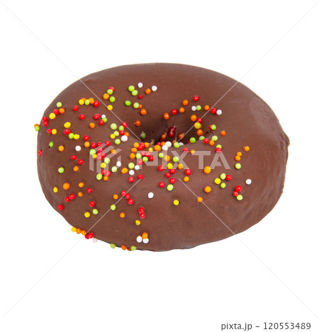 Chocolate glazed donut eaten isolated on the white background Chocolate glazed donut eaten isolated on the white background 120553489
