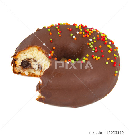 Chocolate glazed donut decorated isolated on the white background 120553494