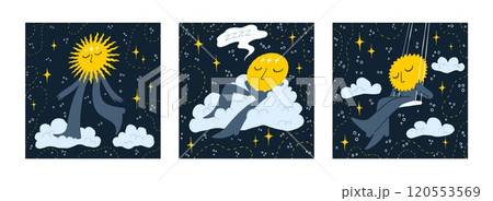 Moon poster. Sleep baby cloud and star. Cute kid sleepy sweet print, funny character faces. Design smile. Nursery decorative cards, wall art. Night backdrop. Vector cartoon flat background Moon poster. Sleep baby cloud and star. Cute kid sleepy sweet print, funny character faces. Design smile. Nursery decorative cards, wall art. Night backdrop. Vector cartoon flat background 120553569