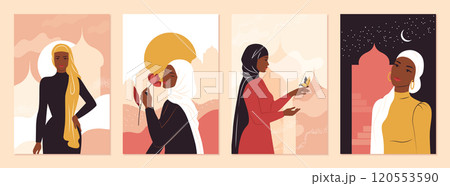 Hijab woman. Muslim veil girl. Modern geometric style portrait. Arabian fashion with light flower accents. Elegant female in Arab city. Saudi and Islamic concept. Vector posters set Hijab woman. Muslim veil girl. Modern geometric style portrait. Arabian fashion with light flower accents. Elegant female in Arab city. Saudi and Islamic concept. Vector posters set 120553590