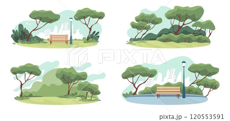 City park. Garden trees. Bench with lantern. Outdoor seat. Summer field. Urban nature landscape. Grass and plants on place scenery. Forest panorama. Public areas set. Vector backgrounds 120553591