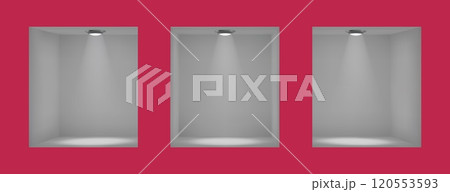 3D shelves. Exhibit furniture. Design interior wall for gallery. Empty office or store. Home or museum bookshelf with spotlight. Showcase frame. Cube shape stand. Vector showing niches set 120553593