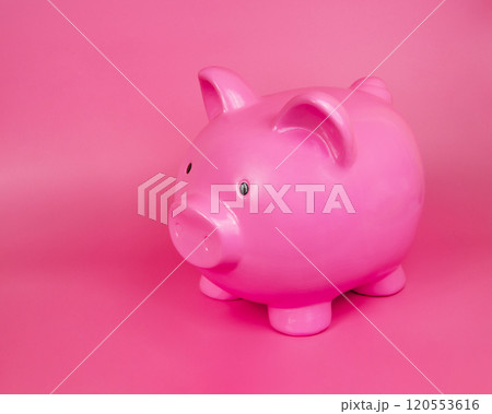 Pink piggy bank ceramic money toy with copy space on pink background 120553616