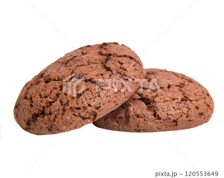 Two perfect dark chocolate cookies isolated on the white background Two perfect dark chocolate cookies isolated on the white background 120553649